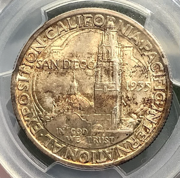 1935-S San Diego Commemorative Half Dollar PCGS MS66+CAC Gorgeous Toned *COLOR* - Image 3