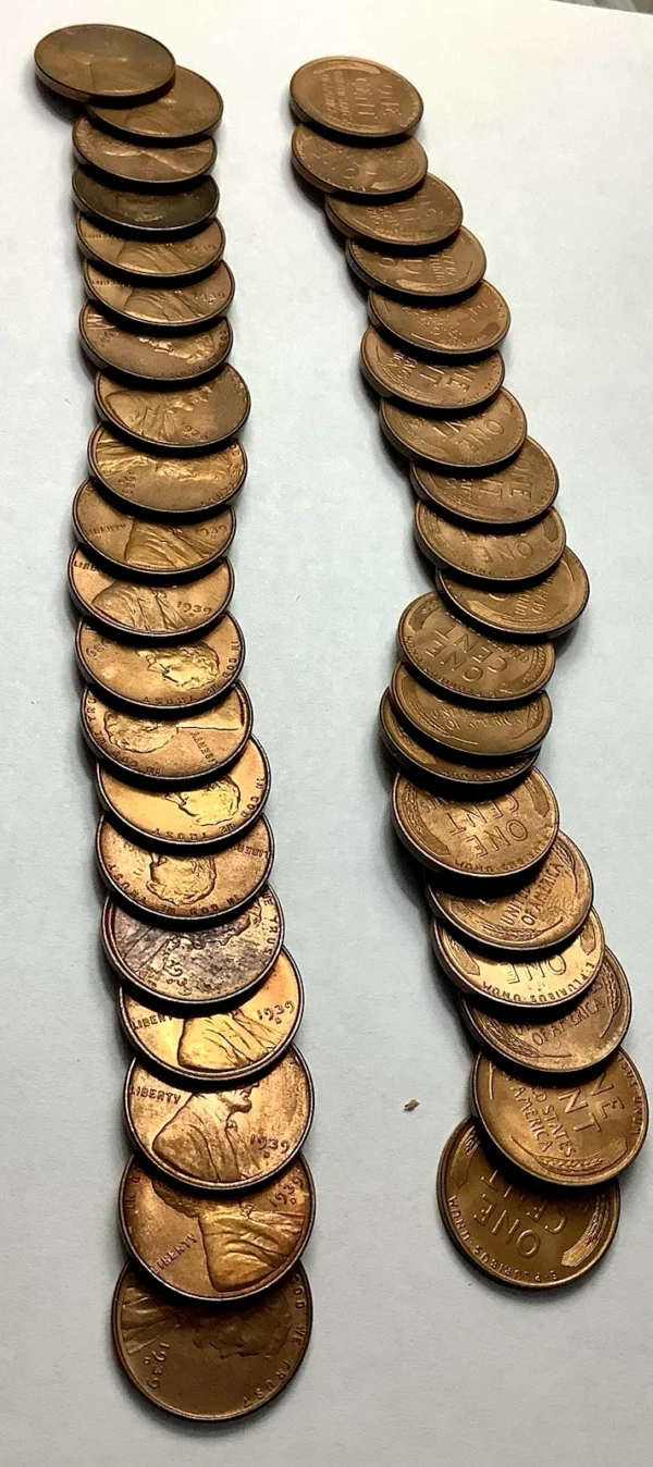 BU Partial Roll 1939-D Lincoln Wheat Cents Unc 40 Coins Mostly Toned Tough Date - Image 2