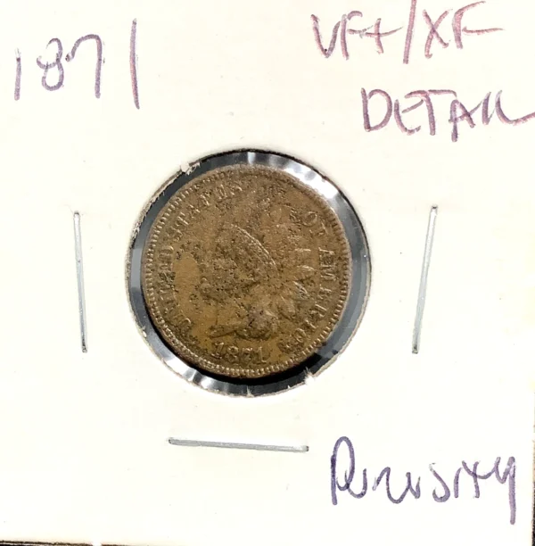 1871 Indian Head Cent VF+/XF Detail Porosity Full LIBERTY/Bands Very Scarce Date