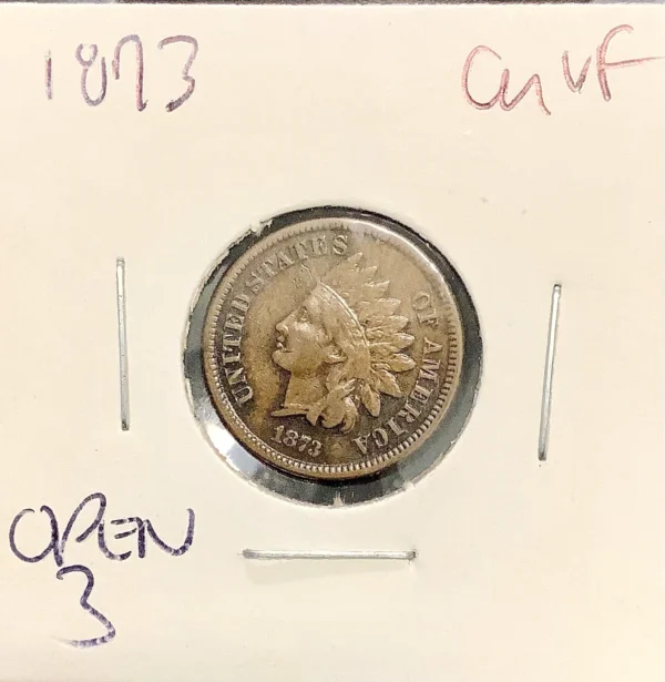 1873 Indian Head Cent Open 3, Choice VF Original Medium Brown Scarcer Date