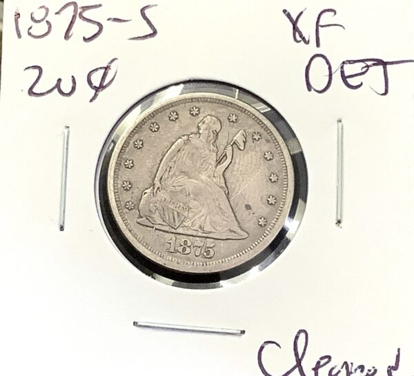 1875-S Silver Twenty Cent Piece Lightly Circulated XF Detail Cleaned