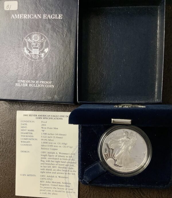 2001 W 1oz Proof American Silver Eagle ASE Coin w/OGP COA In Very Good Condition