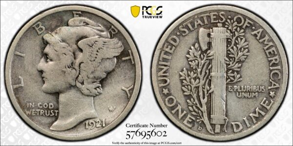 1921-D Silver Mercury Dime - PCGS VF Details Cleaned Key Date