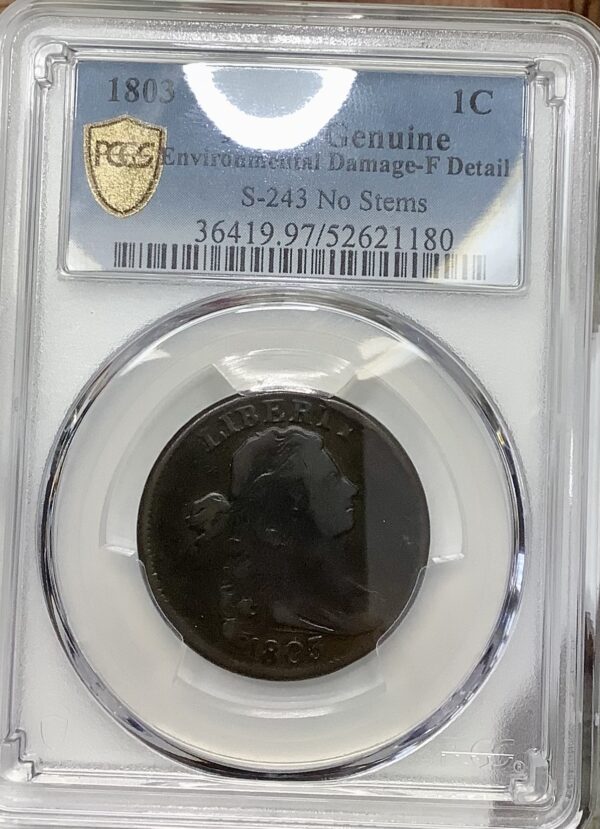 1803 Draped Bust Large Cent S-243 No Stems PCGS F Detail Environmental Damage - Image 4