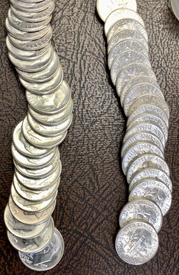 BU Roll 1957-D Silver Roosevelt Dimes 50 Pc Uncirculated Better Date Roll - Image 4