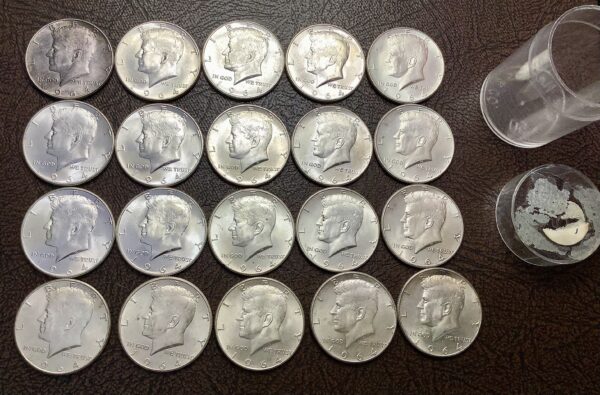 BU Roll 1964 Kennedy Half Dollars - 20 Uncirculated Coins Toned End Of Roll Coin