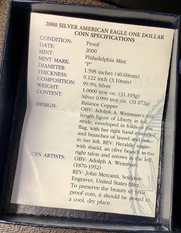 2000-P 1oz Proof American Silver Eagle Coin ASE w/OGP COA Box Shows Wear - Image 3