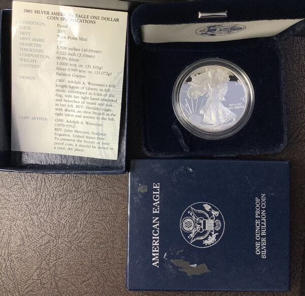 2001-W 1oz Proof American Silver Eagle Coin ASE w/OGP COA Box Shows Wear