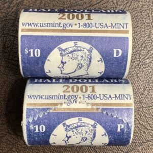 OBW US Mint Bank Wrapped Original BU Rolls 2001 P, D Kennedy Half Dollars