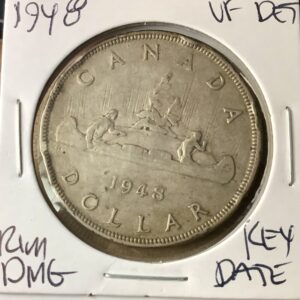 1948 Canada George VI .800 Fine Silver Dollar The KEY DATE VF Detail Rim Damage