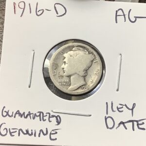 1916-D Mercury Dime - Key Date - AG - Guaranteed Genuine